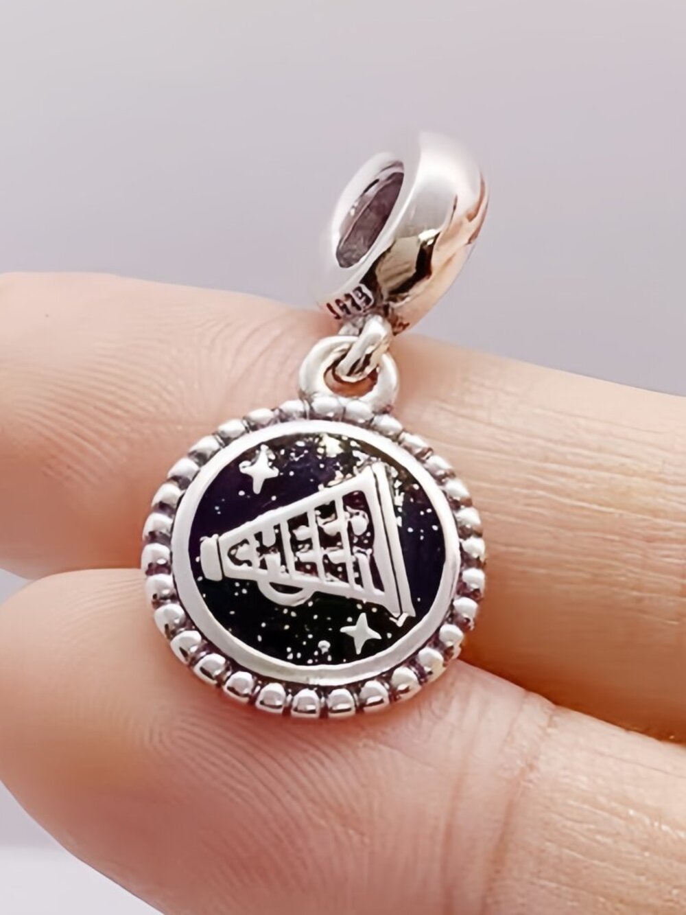 Pandora Cheer Megaphone Dangle Charm Black Glitter Enamel Cheerleader Pendant